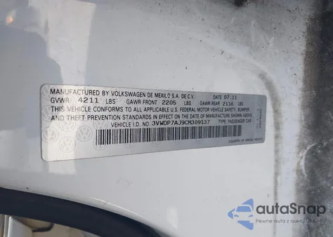 2012 Volkswagen Jetta 2.5L Se из США, поврежденный, VIN 3VWDP7AJ9CM309137